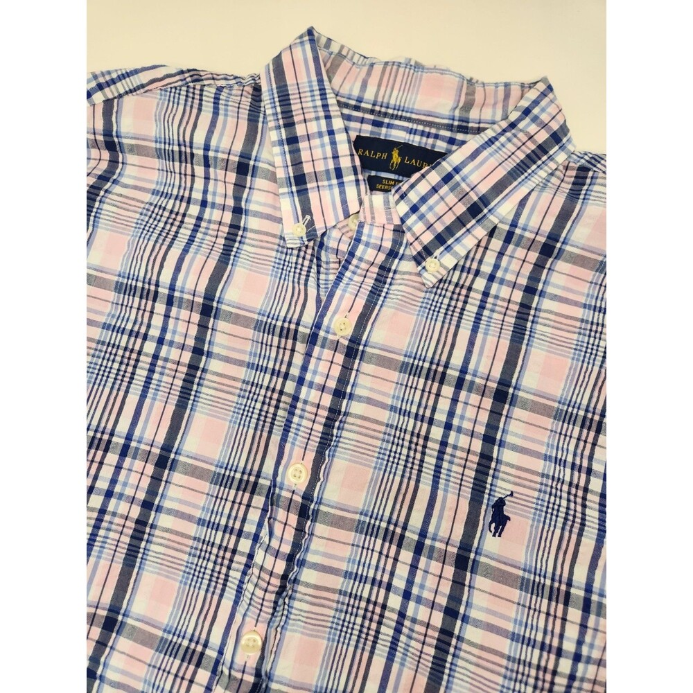 Ralph Lauren Slim Fit Seersucker Shirt Mens XL Pink Plaid Button Up Short Sleeve
